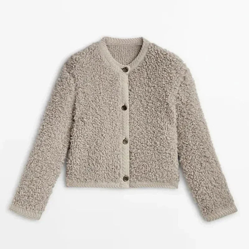 Damen Jacke – Oversized Schnitt – Flauschiges Teddy-Gewebe – Kragenlos mit Knöpfen