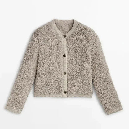 Damen Jacke – Oversized Schnitt – Flauschiges Teddy-Gewebe – Kragenlos mit Knöpfen