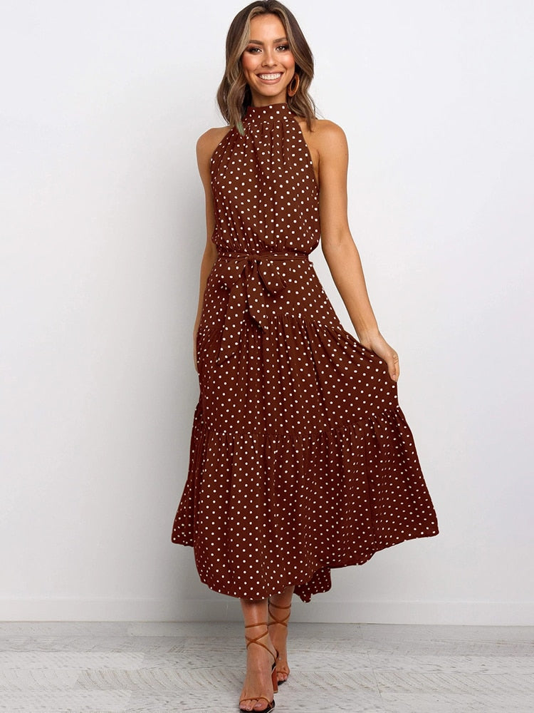 Damen Midikleid – Halter Ausschnitt – Punktemuster – Taillengürtel – Fließend