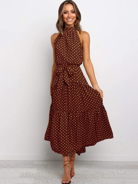 Damen Midikleid – Halter Ausschnitt – Punktemuster – Taillengürtel – Fließend