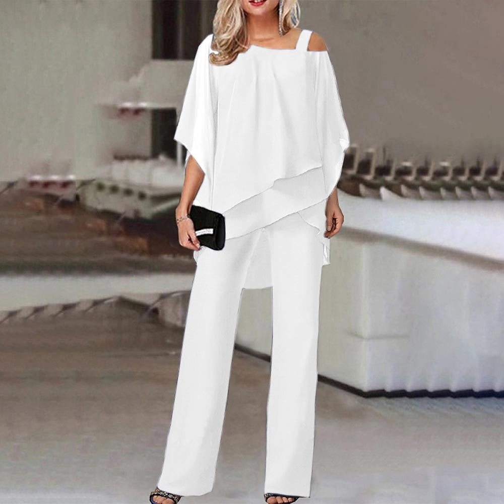 Damen Zweiteiler Set – Fließender Schnitt – Cold Shoulder Top – Weite Hose – Luftiges Gewebe
