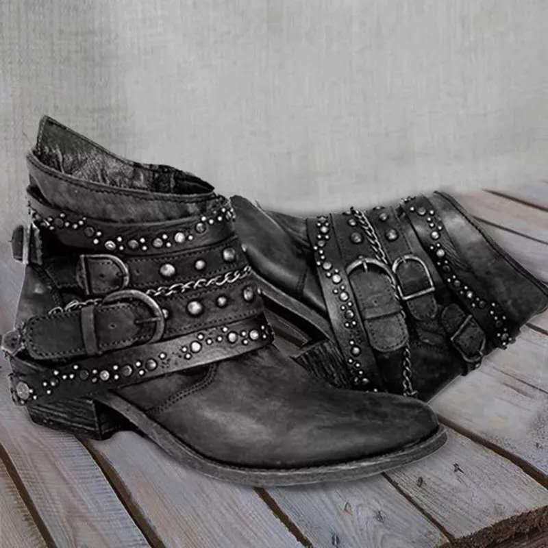 Damen Stiefeletten – Lederoptik – Nietenriemen – Schnallen – Niedriger Absatz