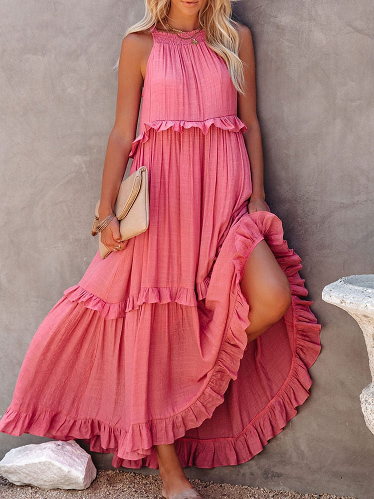 Damen Maxikleid – Lockere Passform – Ärmellos mit Neckholder – Natürliche Fasern