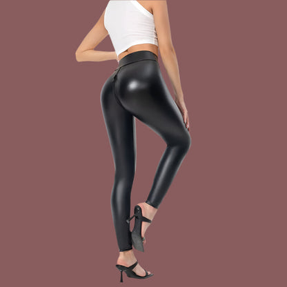 Damen Hose – Slim Fit – Kunstleder Look – Glänzendes Finish – Reißverschluss vorn
