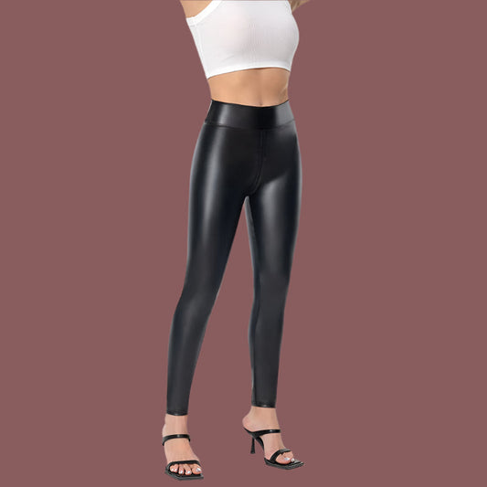 Damen Hose – Slim Fit – Kunstleder Look – Glänzendes Finish – Reißverschluss vorn