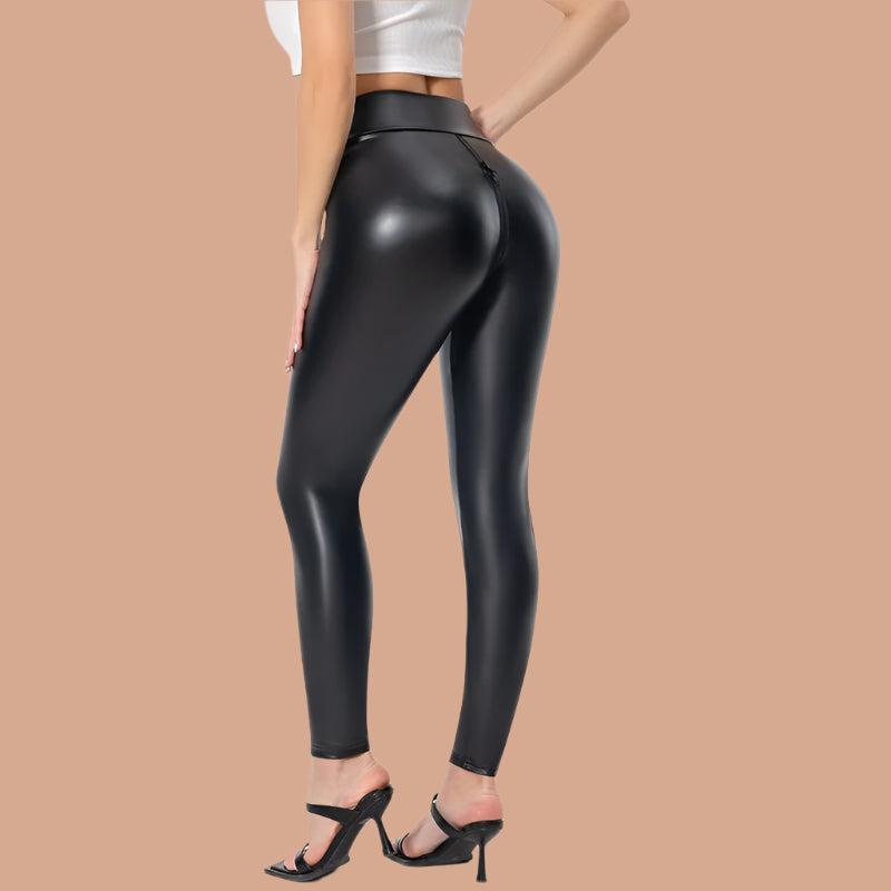 Damen Hose – Slim Fit – Kunstleder Look – Glänzendes Finish – Reißverschluss vorn