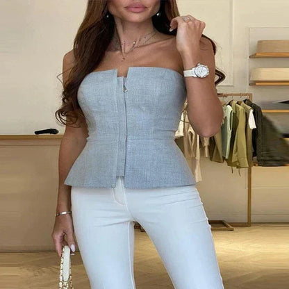 Damen Bandeau Top – Figurbetont – Vorderreißverschluss – Peplum Saum – Glatte Optik