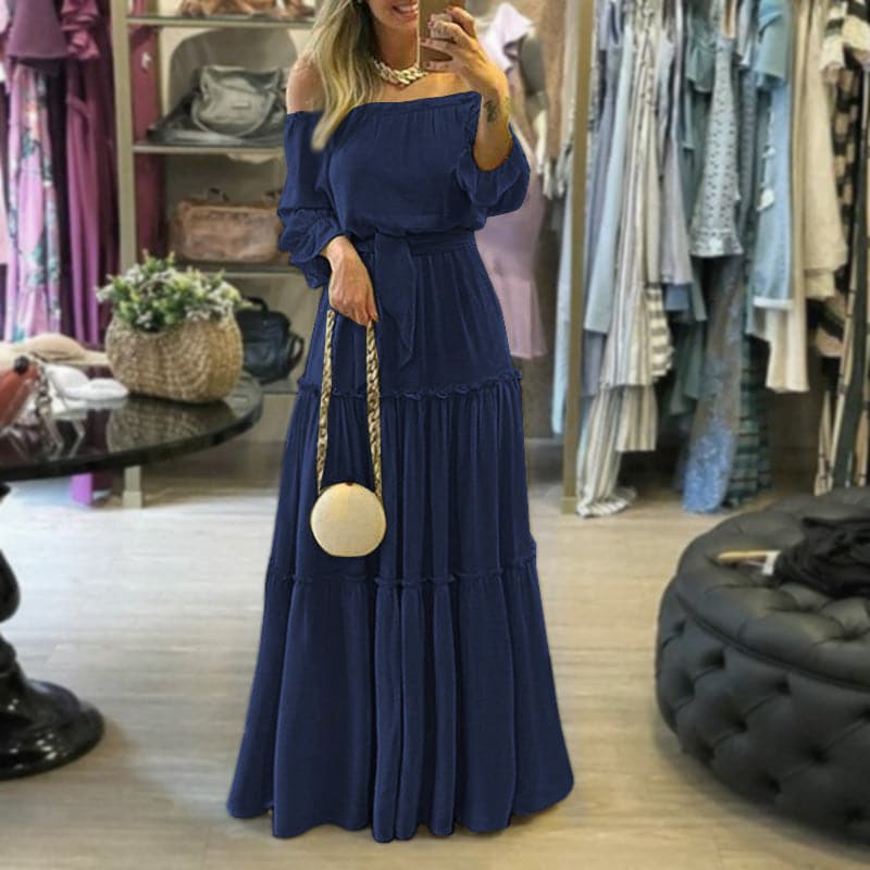 Damen Maxikleid – Off Shoulder – Lockerer Schnitt – Stufenrock – Atmungsaktives Material