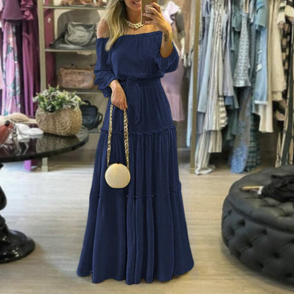 Damen Maxikleid – Off Shoulder – Lockerer Schnitt – Stufenrock – Atmungsaktives Material