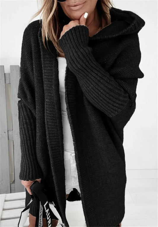 Damen Strickcardigan – Oversize Passform – Wollmix – Kapuze – Offene Front – Langform
