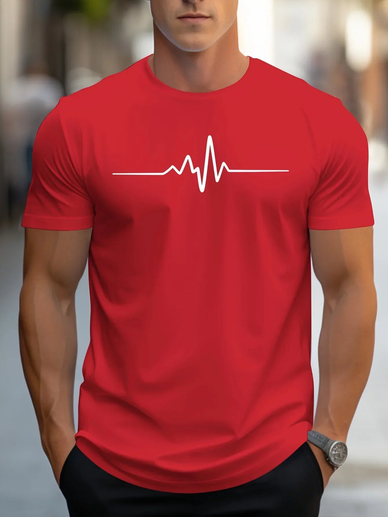 Herren T-Shirt – Slim Fit – Soft Knit – Rundhals – Kurzarm – Herzschlag Grafik