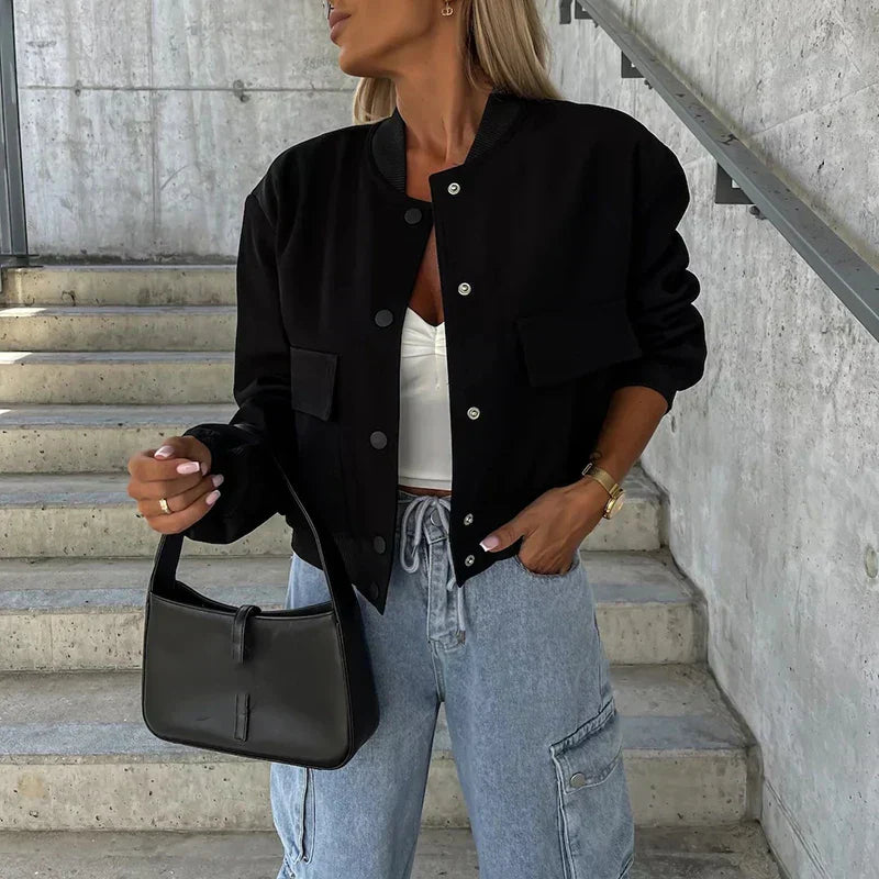 Damen Freizeitjacke – Relaxed Fit – Natürliche Fasern – Knopfverschluss – Brusttaschen