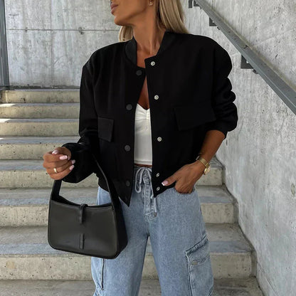 Damen Freizeitjacke – Relaxed Fit – Natürliche Fasern – Knopfverschluss – Brusttaschen