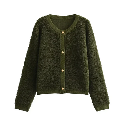 Damen Jacke – Oversized Schnitt – Flauschiges Teddy-Gewebe – Kragenlos mit Knöpfen
