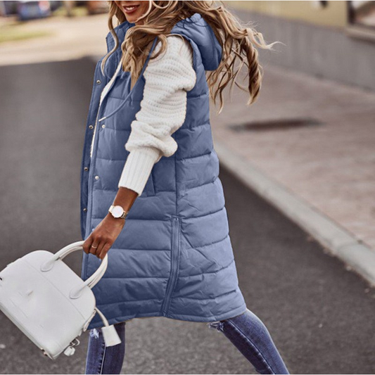 Damen Bodywarmer – Oversized Fit – Gesteppt Gefüttert – Lange Kapuze Freizeit