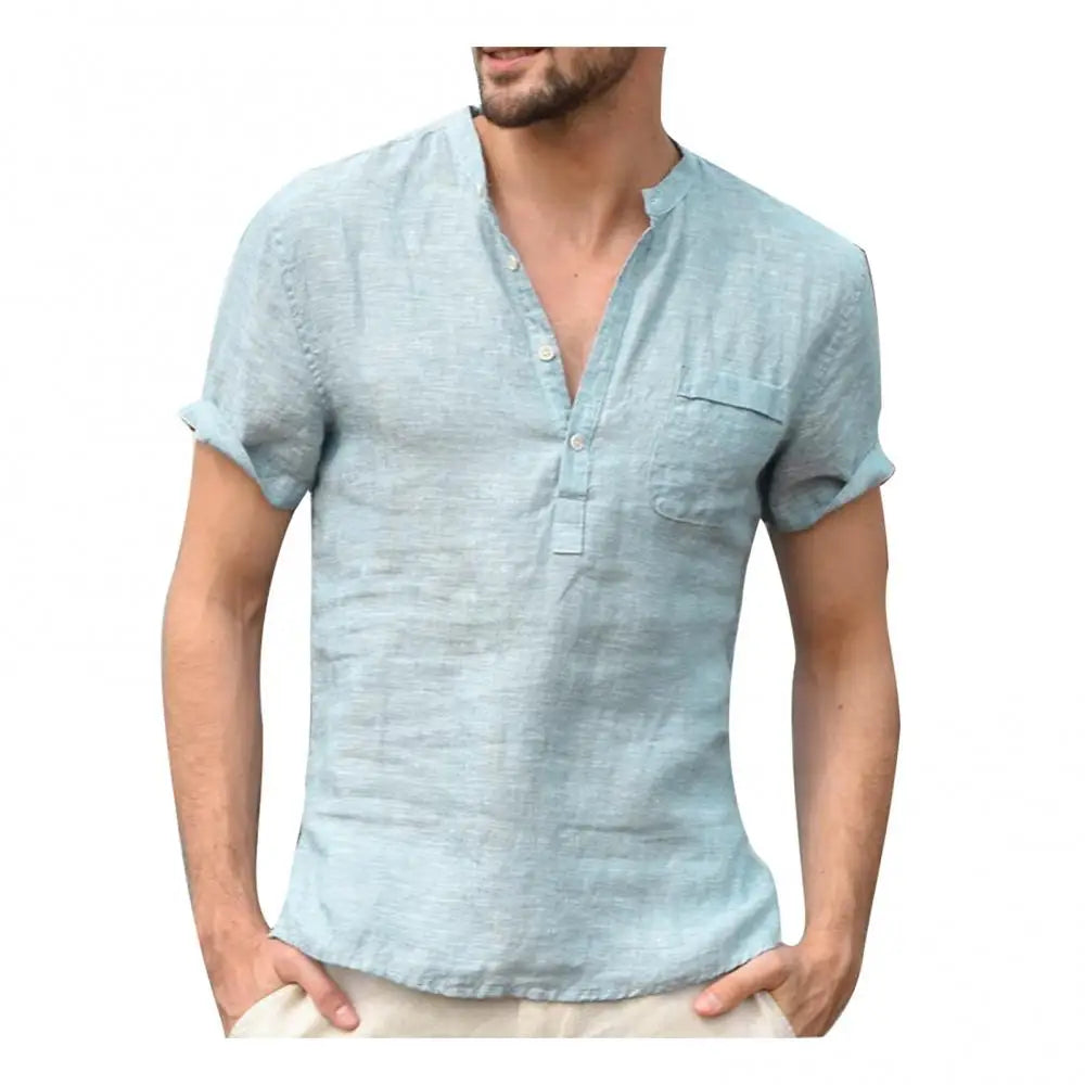 Herren T-Shirt – Relaxed Fit – Kurzarm – Knopfleiste – Brusttasche – Naturfaser