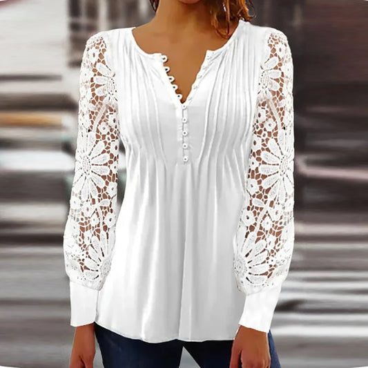 Damen Bluse – Relaxed Fit – Soft Knit – Lange Spitzenärmel – V-Ausschnitt mit Spitze