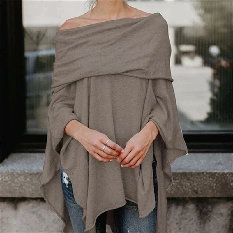Damen Off-Shoulder Top – Soft Knit – Lockerer Schnitt – Lange Ärmel – Asymmetrischer Saum