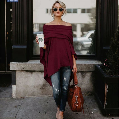 Damen Off-Shoulder Top – Soft Knit – Lockerer Schnitt – Lange Ärmel – Asymmetrischer Saum