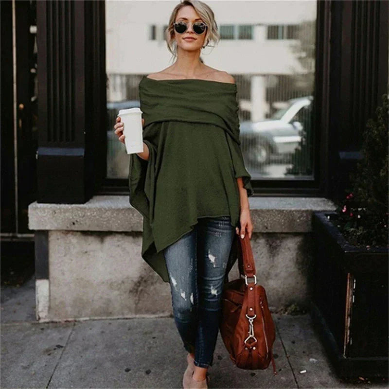 Damen Off-Shoulder Top – Soft Knit – Lockerer Schnitt – Lange Ärmel – Asymmetrischer Saum