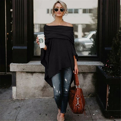 Damen Off-Shoulder Top – Soft Knit – Lockerer Schnitt – Lange Ärmel – Asymmetrischer Saum