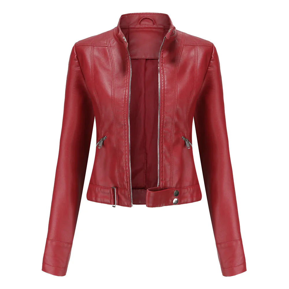 Damen Lederjacke – Slim Fit – Zipperfront – Stehkragen – Taillenlänge – Ziertaschen