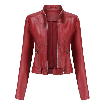 Damen Lederjacke – Slim Fit – Zipperfront – Stehkragen – Taillenlänge – Ziertaschen