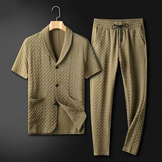 Herren Anzug Set – Kurzarm Blazer mit Struktur – Gerade Hose – Atmungsaktives Gewebe