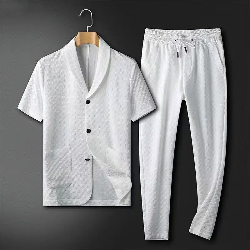 Herren Anzug Set – Kurzarm Blazer mit Struktur – Gerade Hose – Atmungsaktives Gewebe
