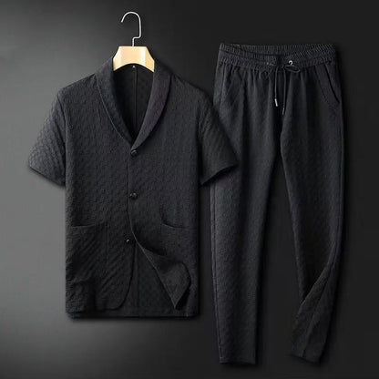 Herren Anzug Set – Kurzarm Blazer mit Struktur – Gerade Hose – Atmungsaktives Gewebe