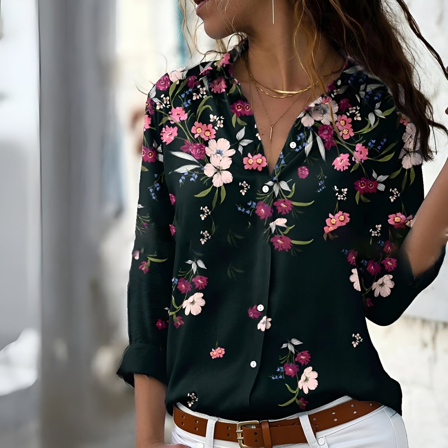 Damen Bluse – Relaxed Fit – Atmungsaktiver Stoff – Patchwork Muster – Langarm Hemdbluse