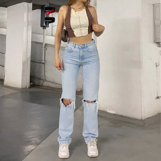 Damen Jeans – High Waist – Relaxed Fit – Distressed Knie – Atmungsaktive Qualität