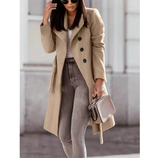 Damen Trenchcoat – Wollmix – Taillierter Schnitt – Lang – Doppelreihig Elegantes Design