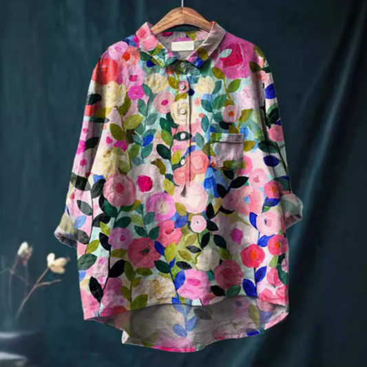 Damen Bluse – Lockerer Schnitt – Florales Muster – Atmungsaktive Naturfasern – Knopfleiste