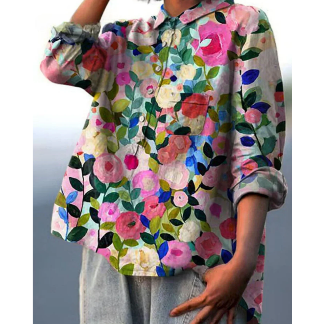 Damen Bluse – Lockerer Schnitt – Florales Muster – Atmungsaktive Naturfasern – Knopfleiste