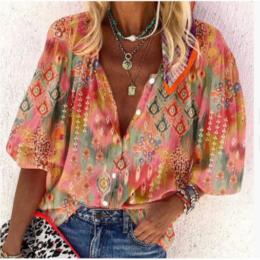 Damen Bluse – Lockere Passform – Atmungsaktive Mischung – Puffärmel – Knopfleiste – Tiefer Ausschnitt – Boho-Muster