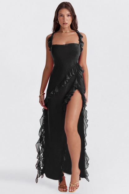 Damen Maxikleid – Elegante Passform – Verstellbare Träger – Rüschen – Hoher Schlitz