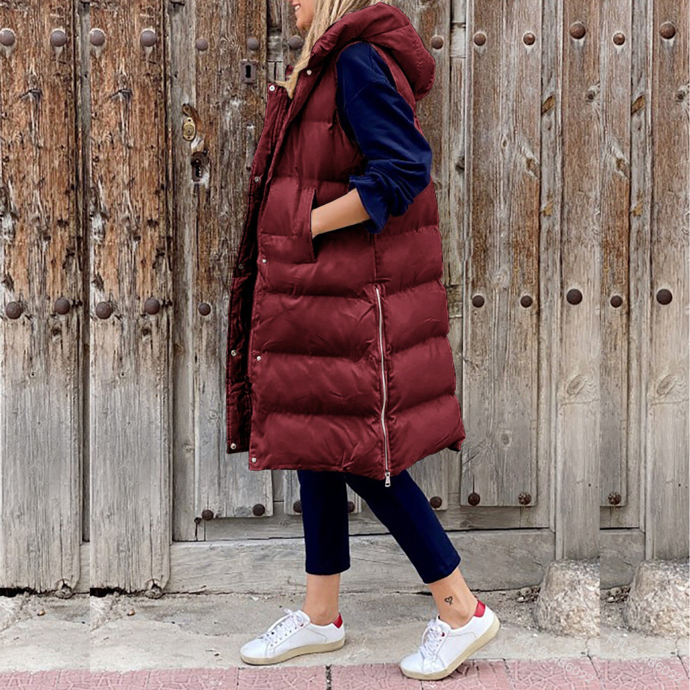 Damen Steppweste mit Kapuze – Oversize Passform – Lang – Ärmellos – Gepolstert