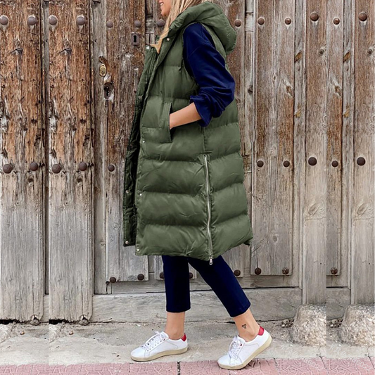 Damen Steppweste mit Kapuze – Oversize Passform – Lang – Ärmellos – Gepolstert
