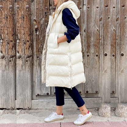 Damen Steppweste mit Kapuze – Oversize Passform – Lang – Ärmellos – Gepolstert