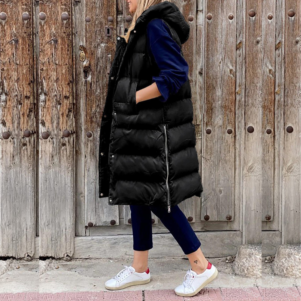 Damen Steppweste mit Kapuze – Oversize Passform – Lang – Ärmellos – Gepolstert