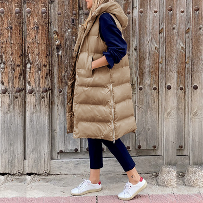 Damen Steppweste mit Kapuze – Oversize Passform – Lang – Ärmellos – Gepolstert