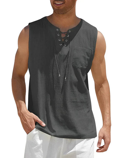 Herren Tanktop – Relaxed Fit – Atmungsaktive Mischung – Schnür-Front – Brusttasche