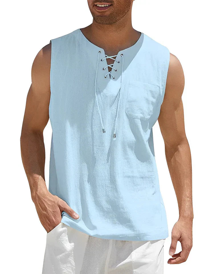 Herren Tanktop – Relaxed Fit – Atmungsaktive Mischung – Schnür-Front – Brusttasche