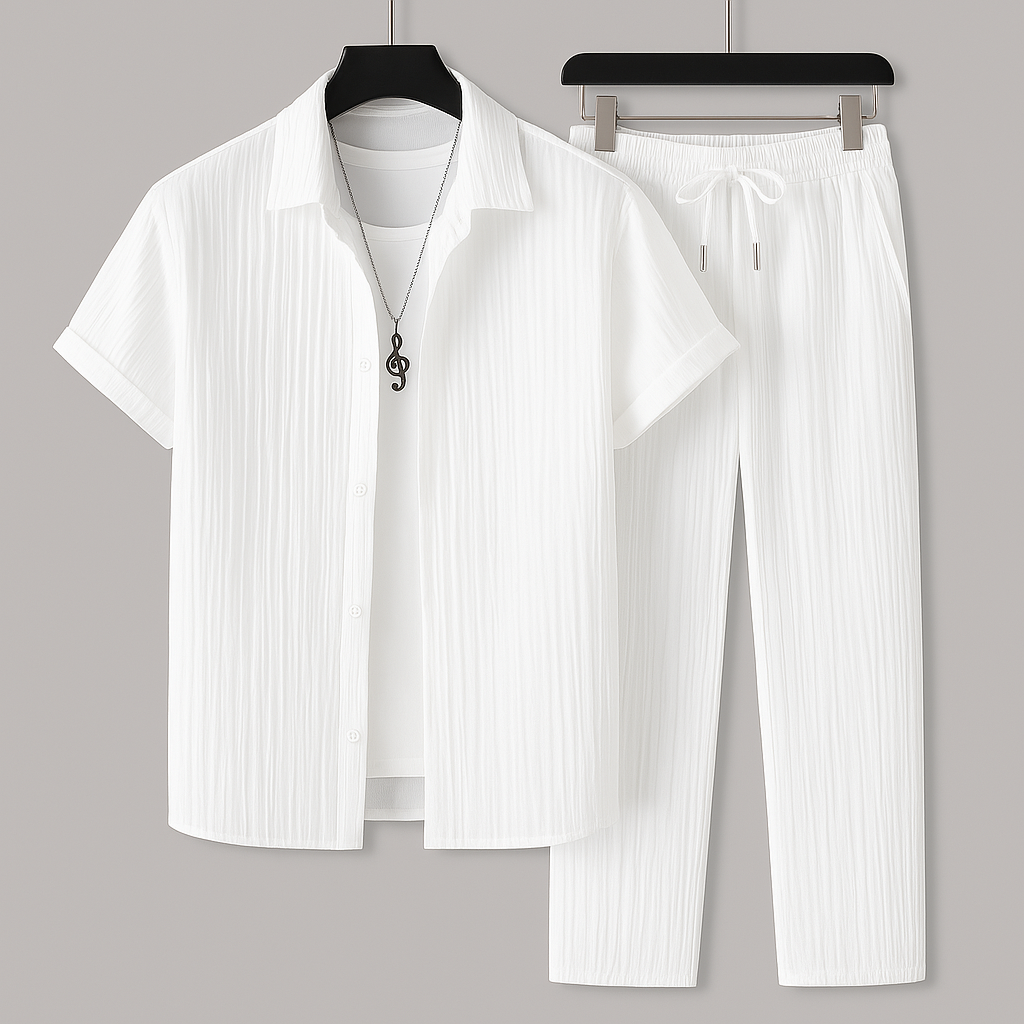 Herren Zweiteiler Set – Entspannter Schnitt – Kurzarm Hemd – Kordelzug Hose – Naturfasern