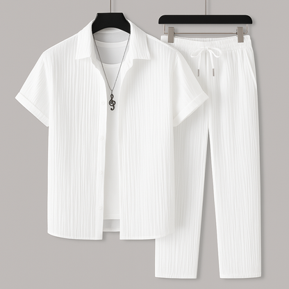 Herren Zweiteiler Set – Entspannter Schnitt – Kurzarm Hemd – Kordelzug Hose – Naturfasern