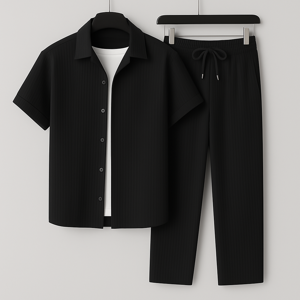 Herren Zweiteiler Set – Entspannter Schnitt – Kurzarm Hemd – Kordelzug Hose – Naturfasern