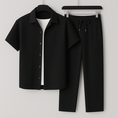 Herren Zweiteiler Set – Entspannter Schnitt – Kurzarm Hemd – Kordelzug Hose – Naturfasern