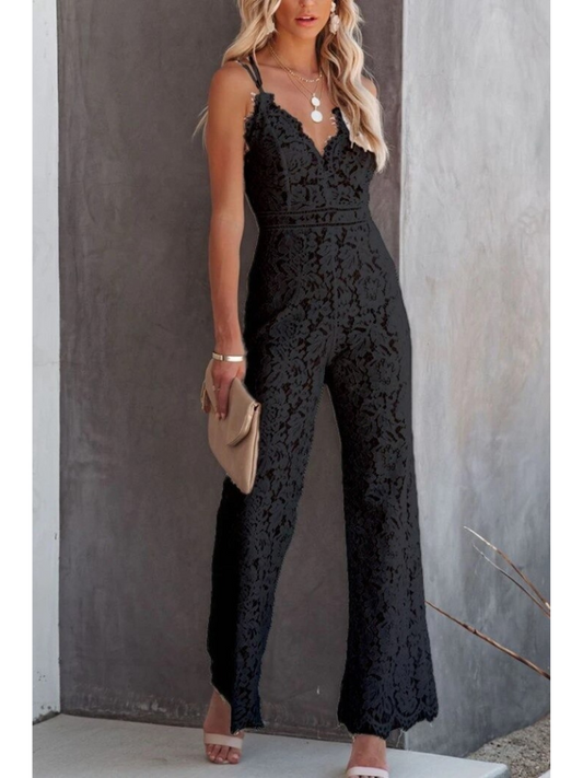 Damen Jumpsuit – Elegante Spitze – Ärmellos V-Ausschnitt – Weites Bein – Formal