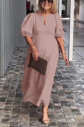 Damen Midikleid – A-Linie – Puffärmel – Keyhole-Ausschnitt – Natürliche Fasern